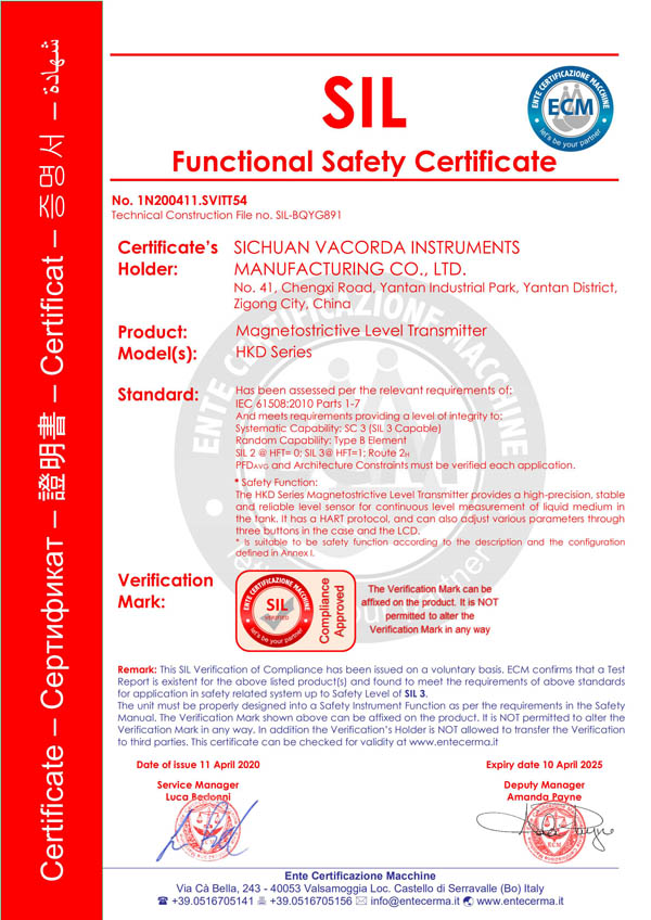 magnetostrictive level sensor SIL certificate