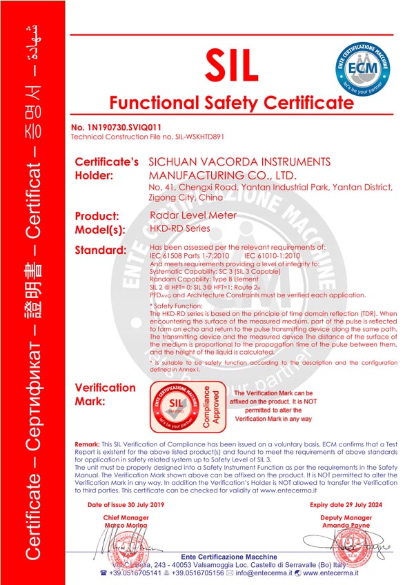 sil functional safety cetificate-radar level gauge 1